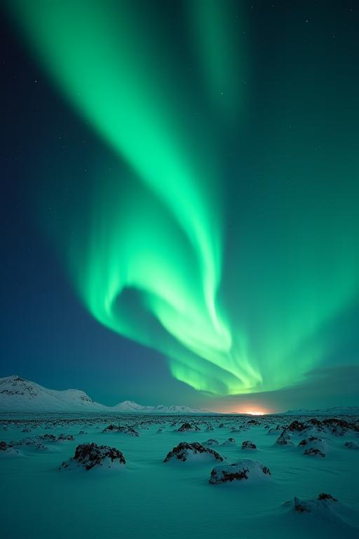Vibrant green northern lights over a snowy Icelandic landscape.
