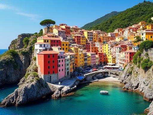 Colorful houses perched on a cliff in Cinque Terre, Italy.