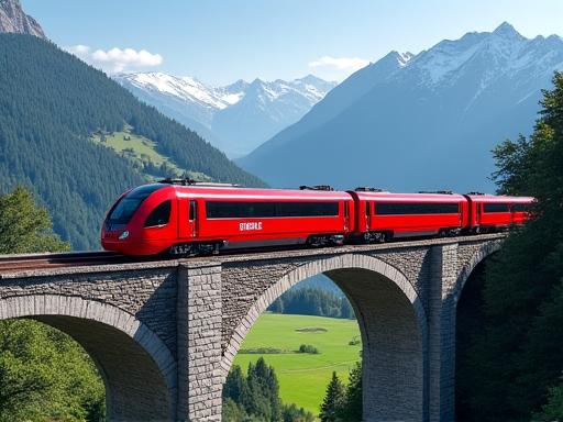 A red Swiss train crossing a stone viaduct in the mountains.