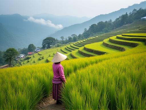 Terraced rice fields in Sapa, Vietnam, with a woman in traditional clothing.