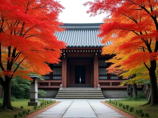 A tranquil temple in Kyoto surrounded by autumn foliage.