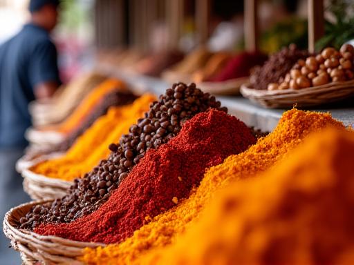 A vibrant market stall in Marrakech, Morocco, filled with colorful spices.