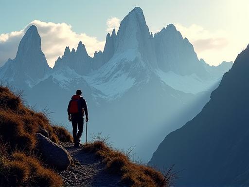 A lone hiker looking at the Fitz Roy mountain range in Patagonia.