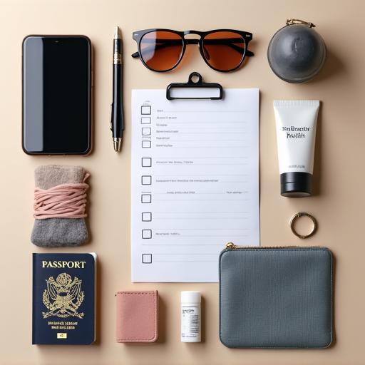 An overhead shot of neatly organized travel gear and a passport.